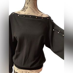 Vintage Black Knit w/Silver Studded Top by French Designer, Leo Guy. SZ L